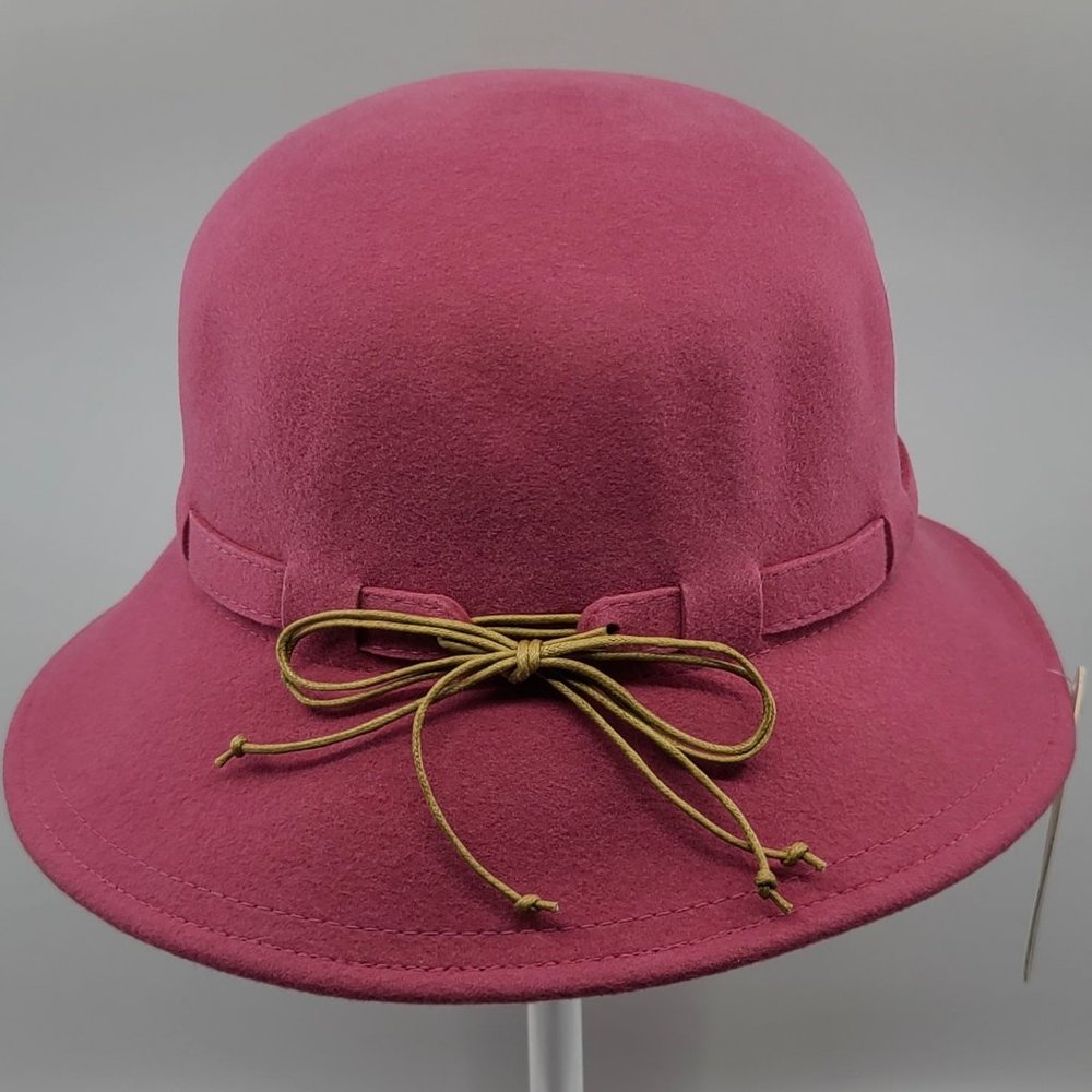😍 Dark Pink Boho Chic Wool Felt Brim Hat with Faux Leather Bow * Crushable *
